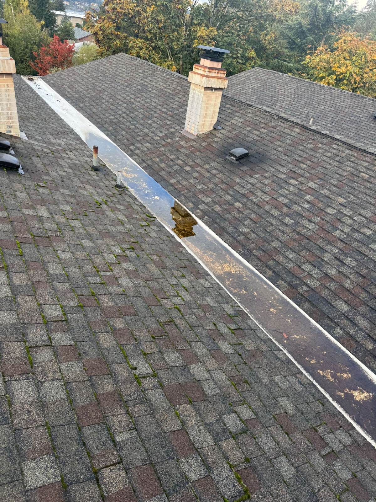 Roof edge with flat metal valley showing dirt and weathered buildup before cleaning